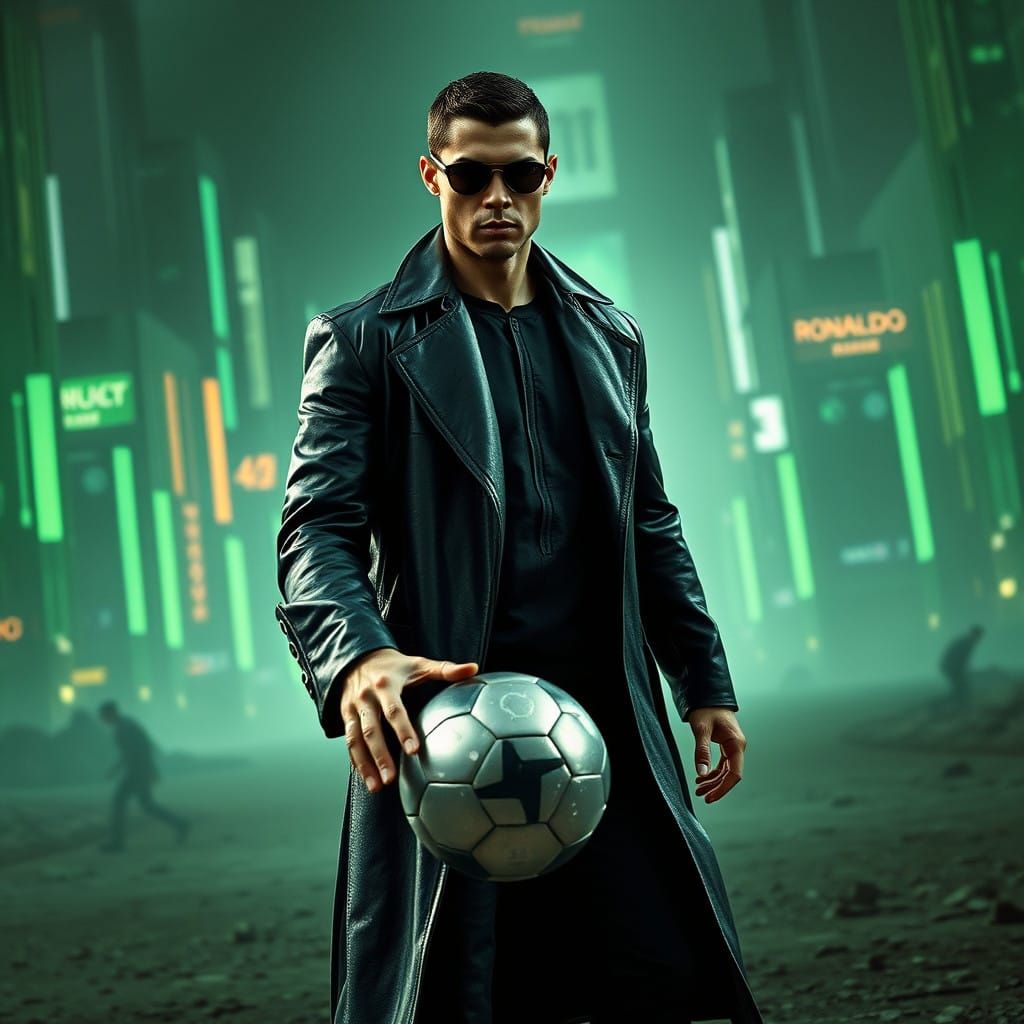 Neo-Like Soccer Icon in Cyberpunk Matrix Landscape