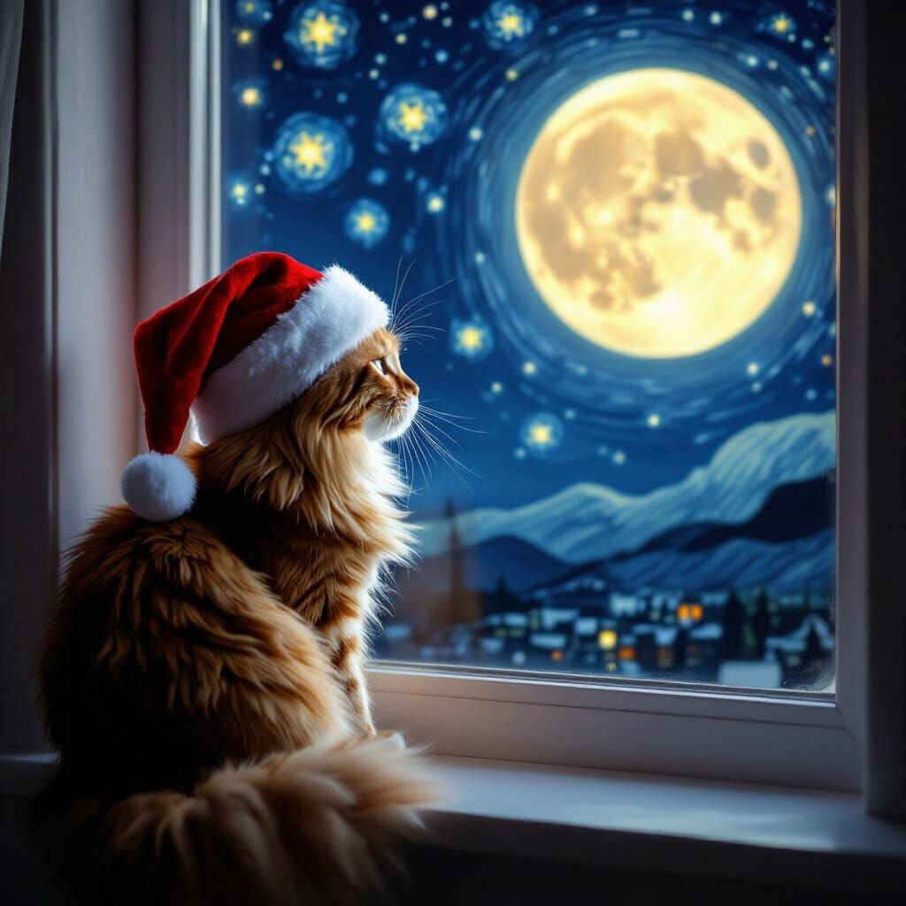 Ginger Cat Gazes at Starry Night Sky