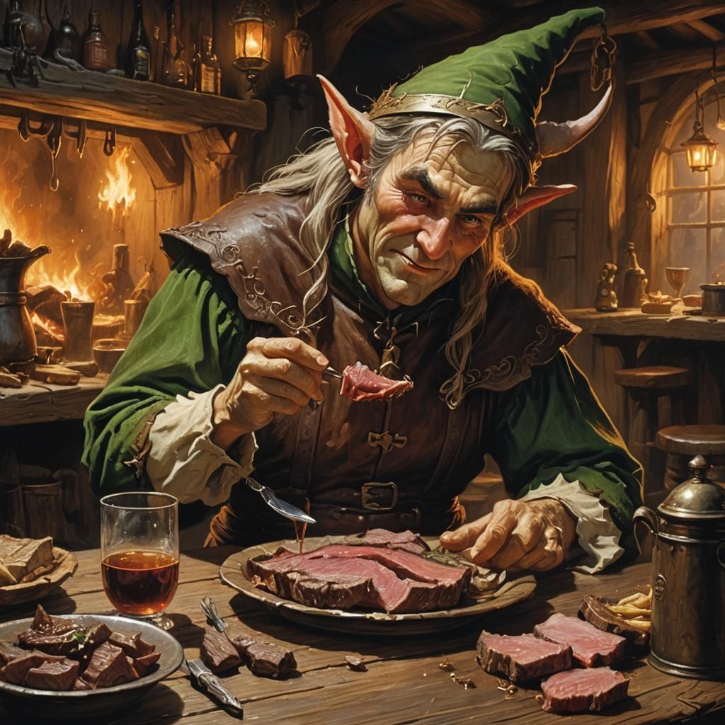 Elf Enjoys Charred Roast Beef in Tavern