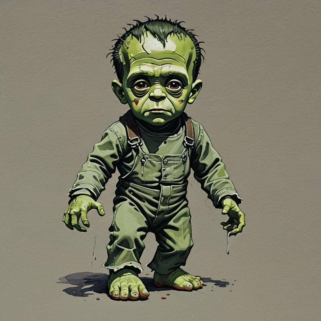 Baby Frankenstein's First Steps: Gouache Painting