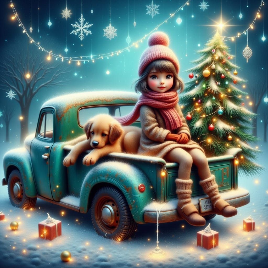 Little Girl and Puppy in Truck with Christmas Tree