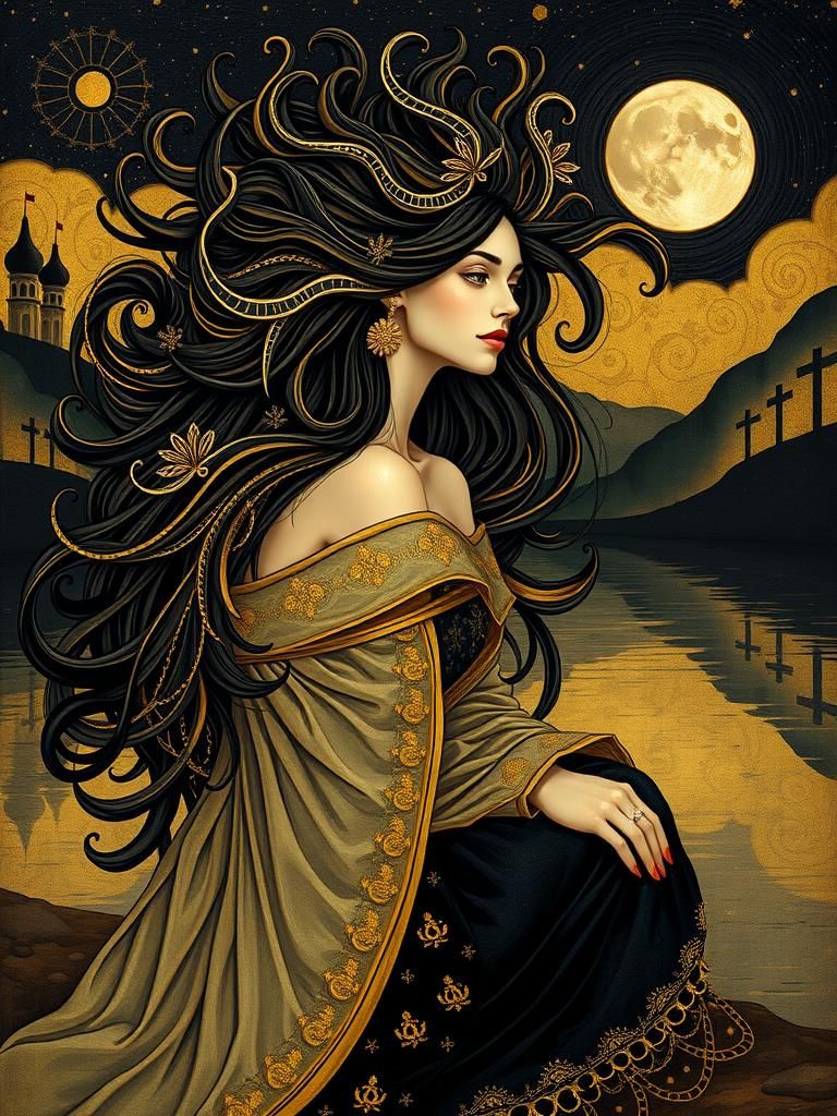 Elegant Woman in Dreamlike Black and Gold Landscape