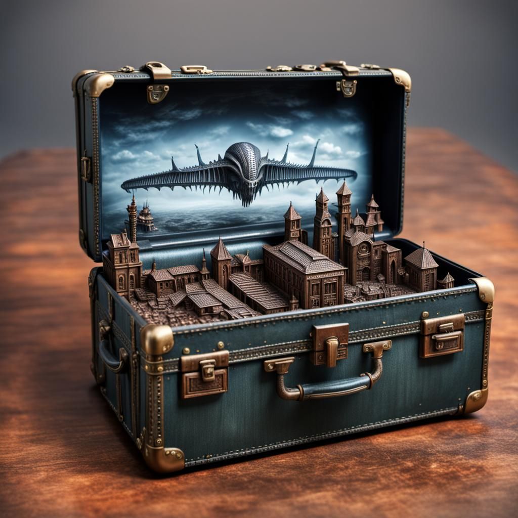 Miniature Fantasy World Inside Suitcase, 3D Render