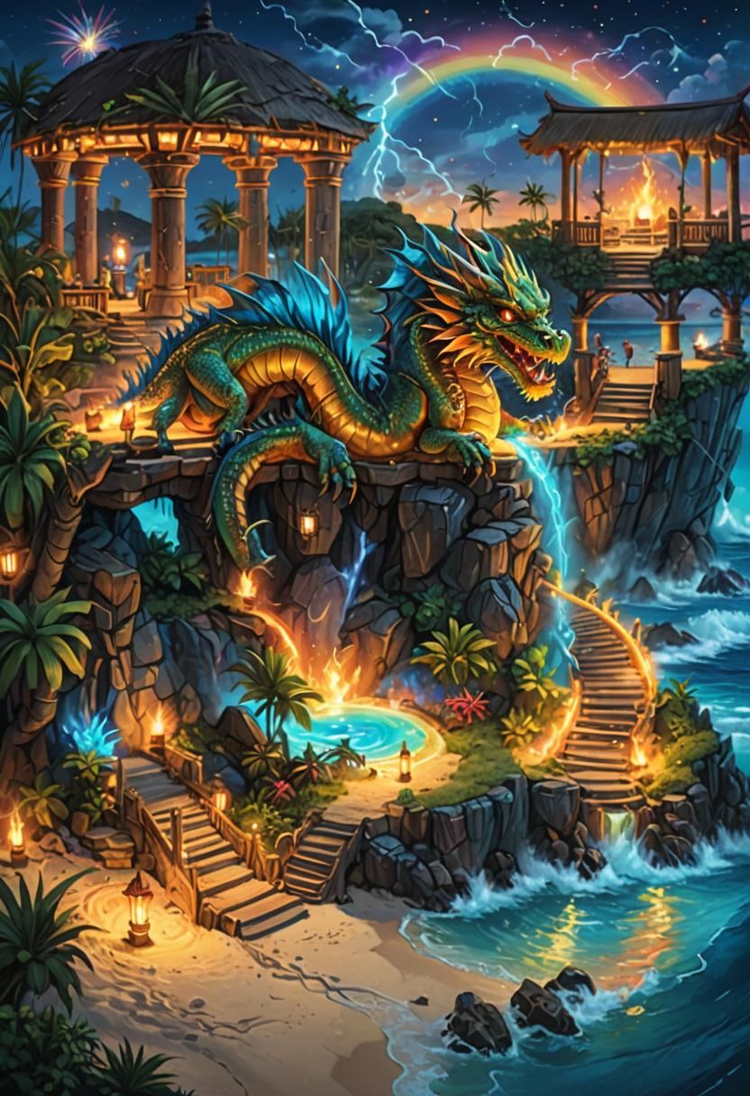 Magical Dragon Island Paradise at Night: Splash Art