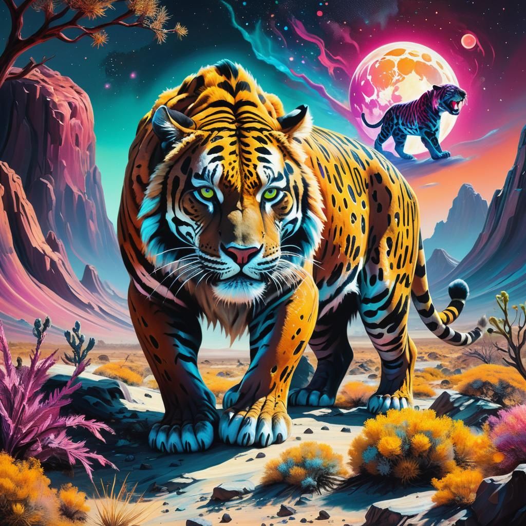 Surrealist Alien Smilodon in Neon Exoplanet Landscape