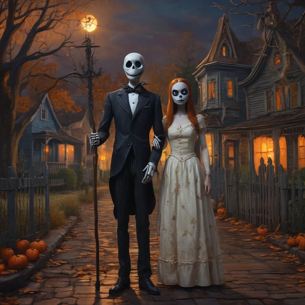 Jack and Sally as American Gothic Oil Painting