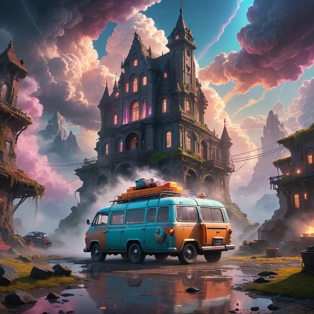 Fantasy Washing Van in Dreamlike Landscape: Concept Art
