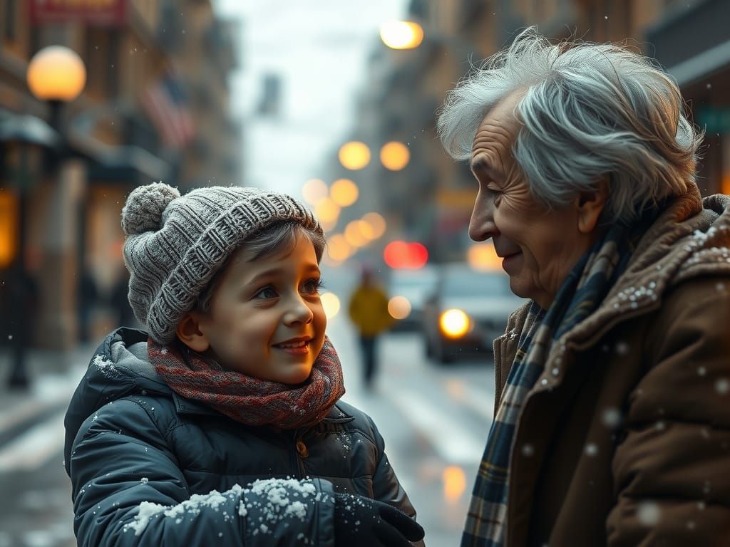 Boy Helps Elderly Woman Cross Snowy Street in Winter Evening