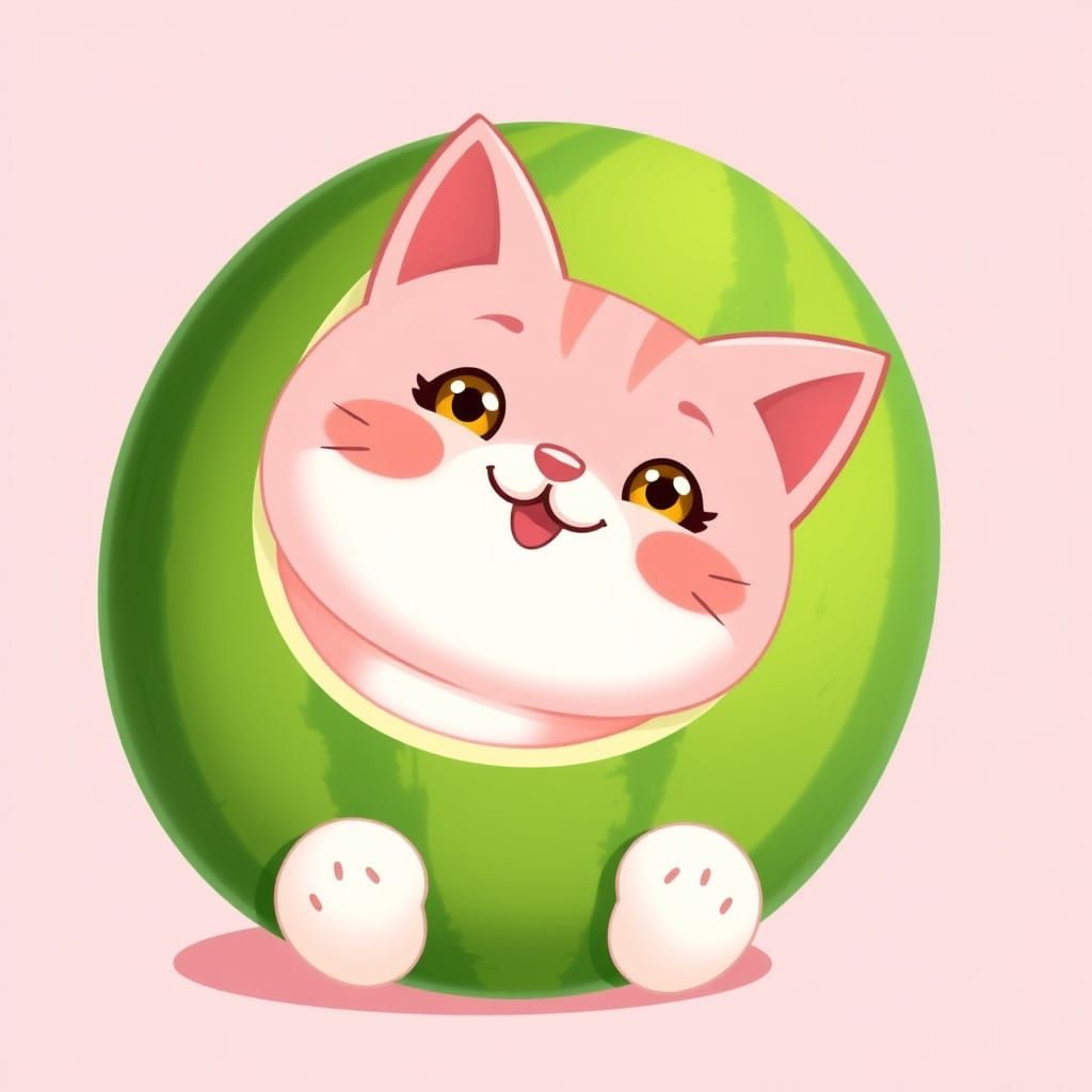 Charming Cartoon Cat Peeks from Watermelon Rind