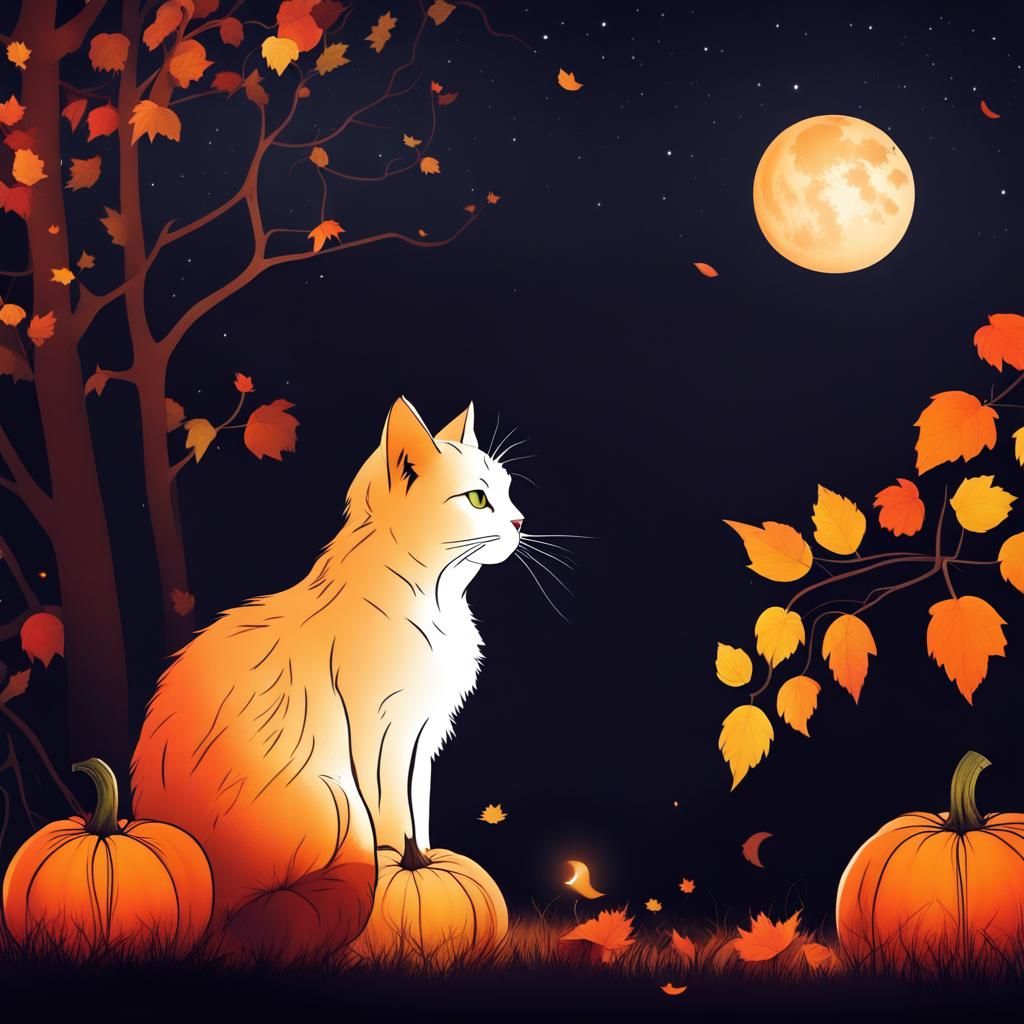 Cat-Pumpkin in Magic Autumn Forest at Night