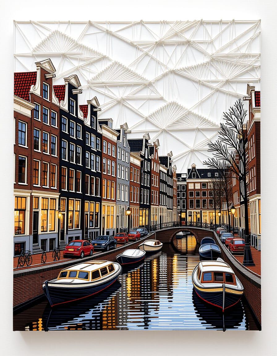 A canal scene in Amsterdam, created in 3D string art style, ...