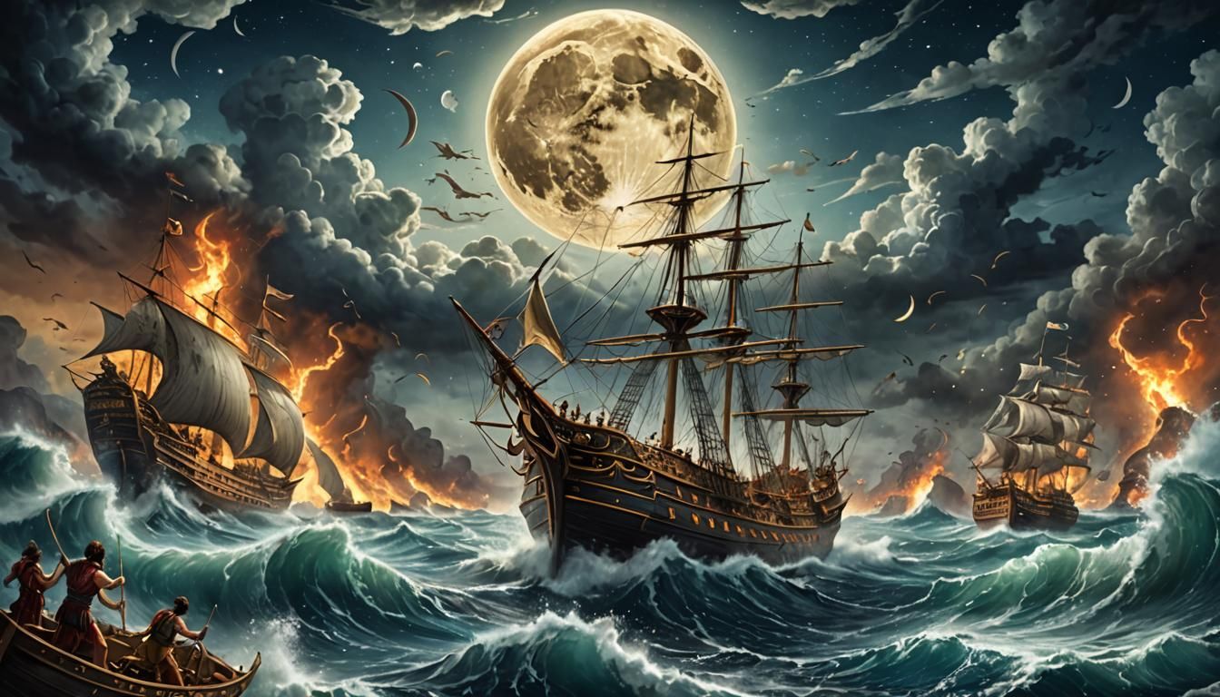 Ancient Greeks vs Atlantis Naval Battle Under Waning Moon