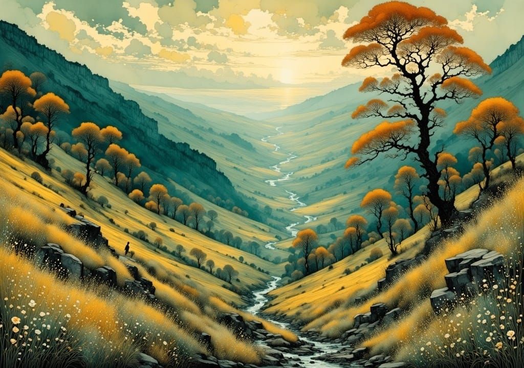 Expressive Hiker Gazes at Detailed River Valley Landscape