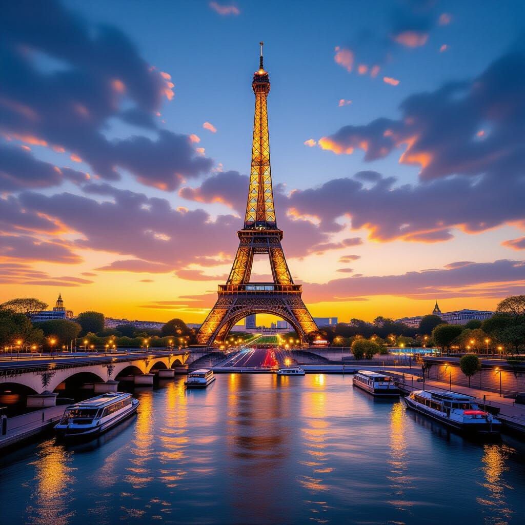 Eiffel Tower and Seine River Sunset in Ultra-Realistic Style