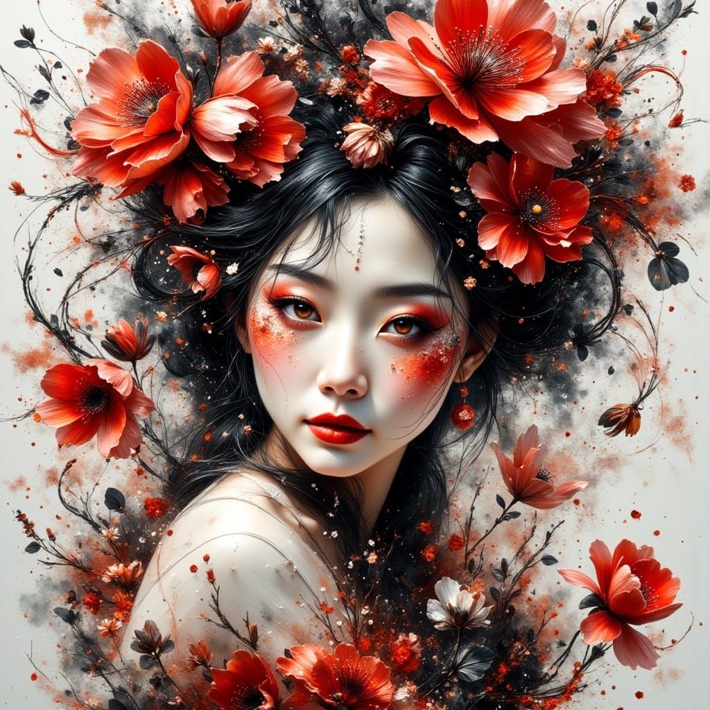 Woman in Vibrant Makeup With Splashing Ink and Acrylic