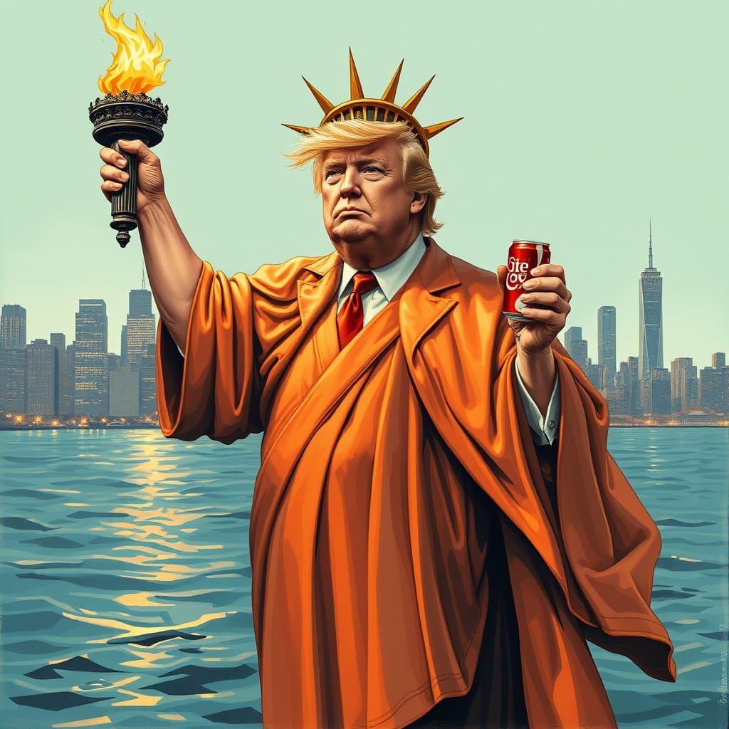 Surreal Statue of Liberty Trump in Copper Robe, Golden Crown...