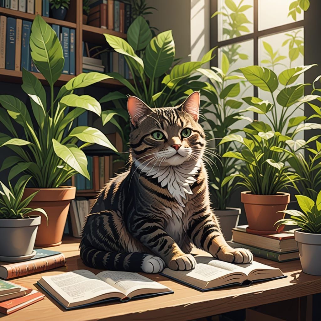 Cozy Tabby Cat in Anime Style Workspace