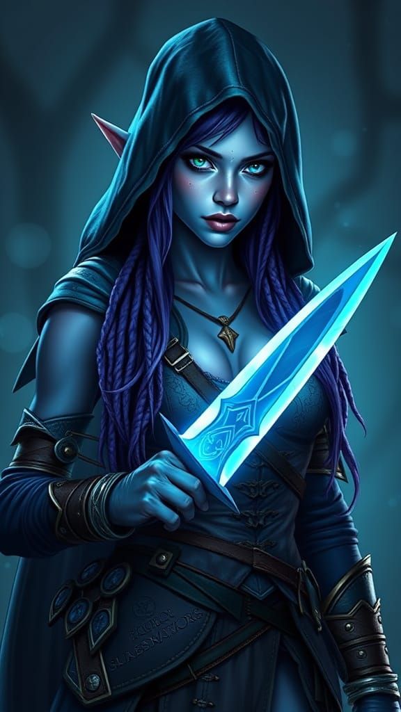 Blue-Skinned Elf Assassin with Rune Dagger