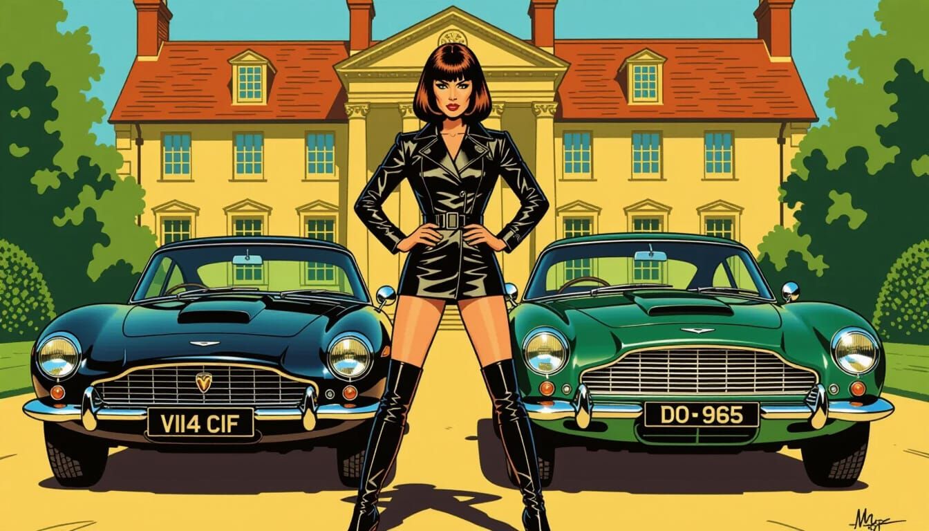 Emma Peel Between Classic Cars, Comic Art Style