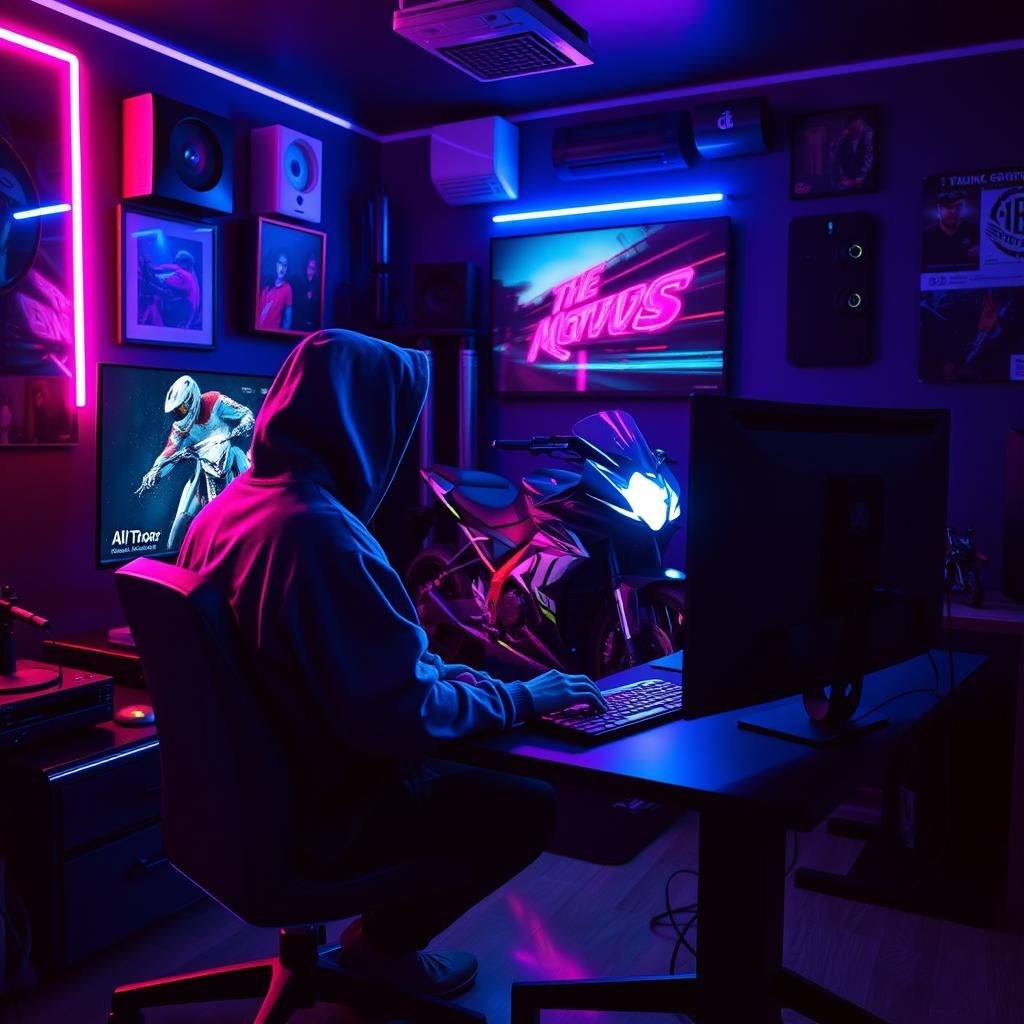 Synthwave Gamer Room with Motocross Bike