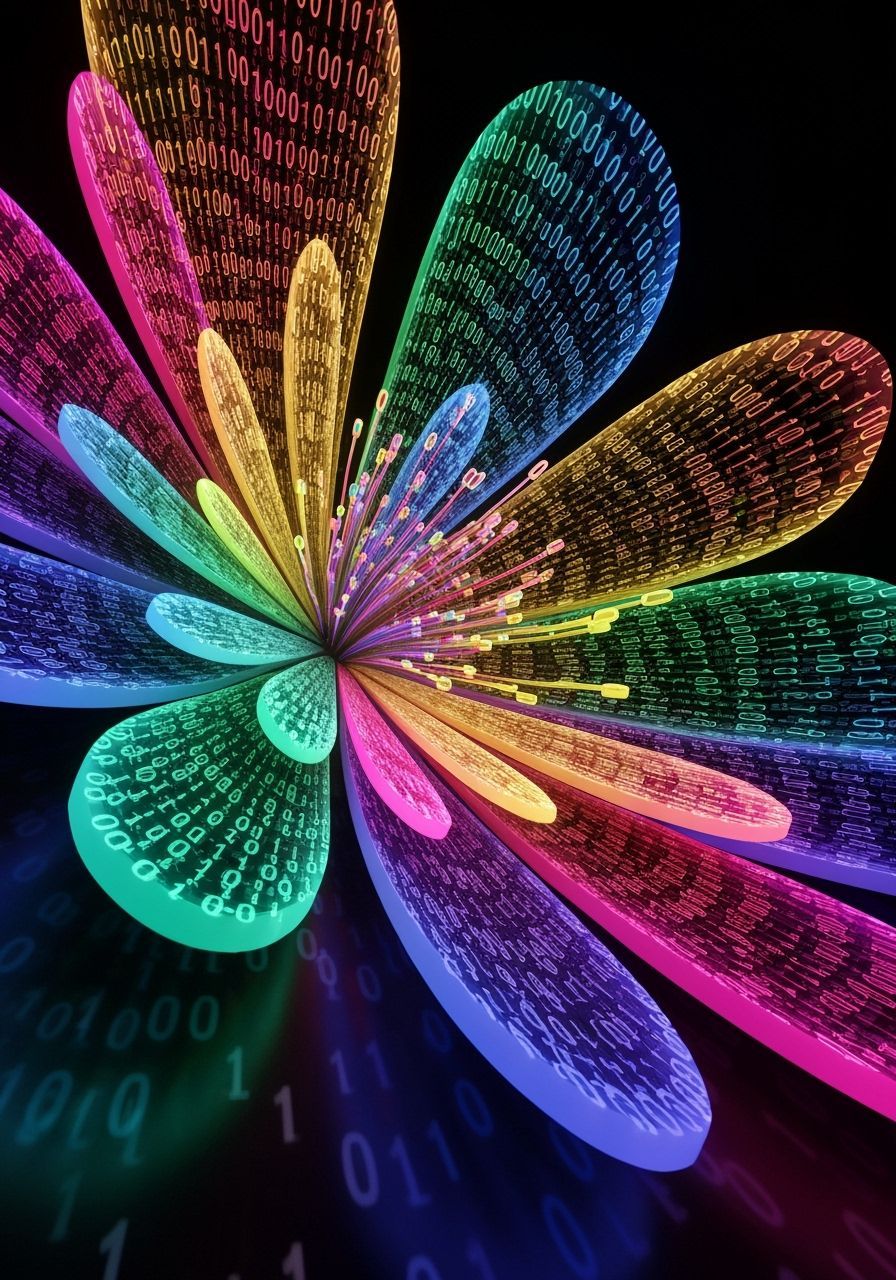 Gigantic Binary Flower in Neon Digital Art Style