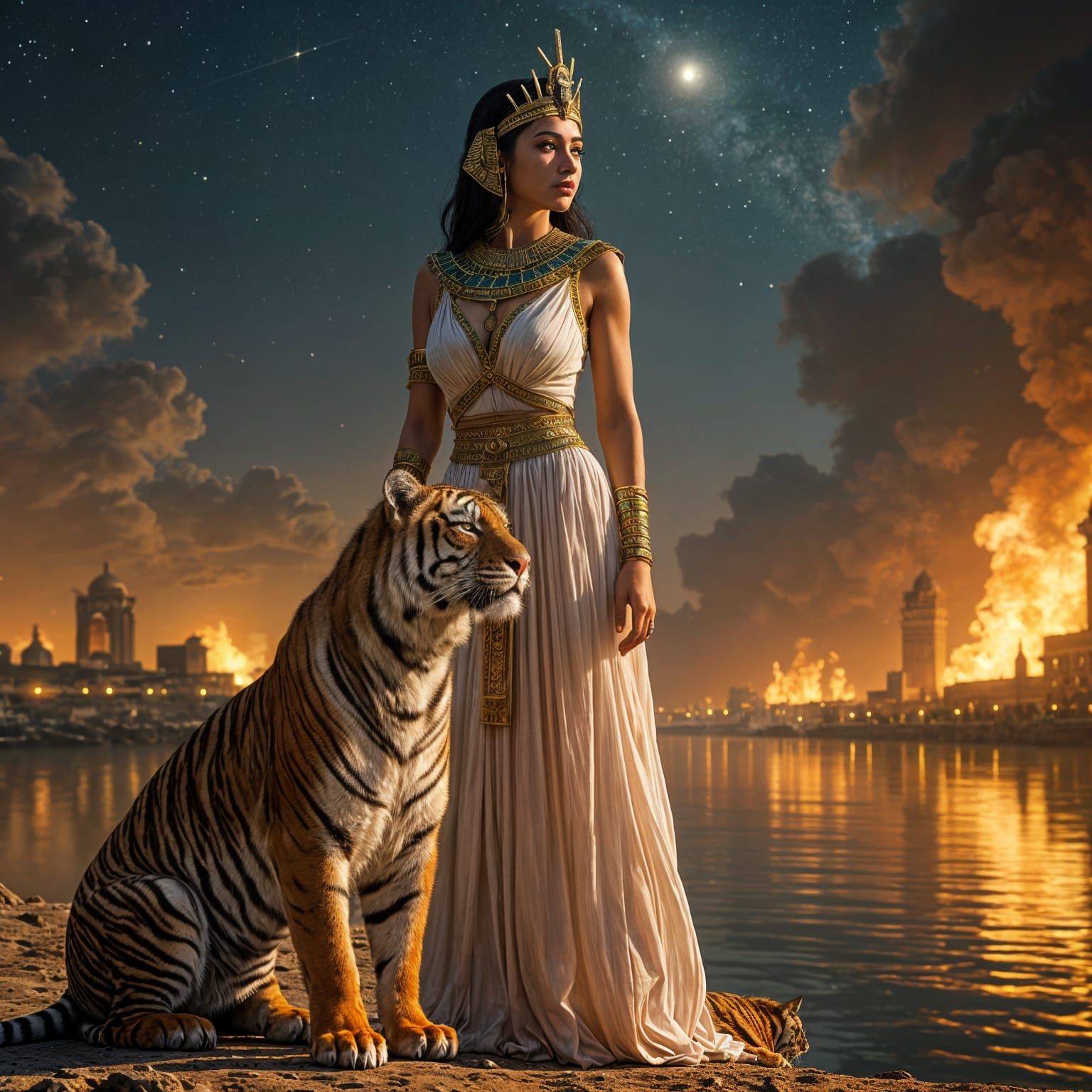 Ancient Egyptian Queen with Golden Headdress and Tiger by th...