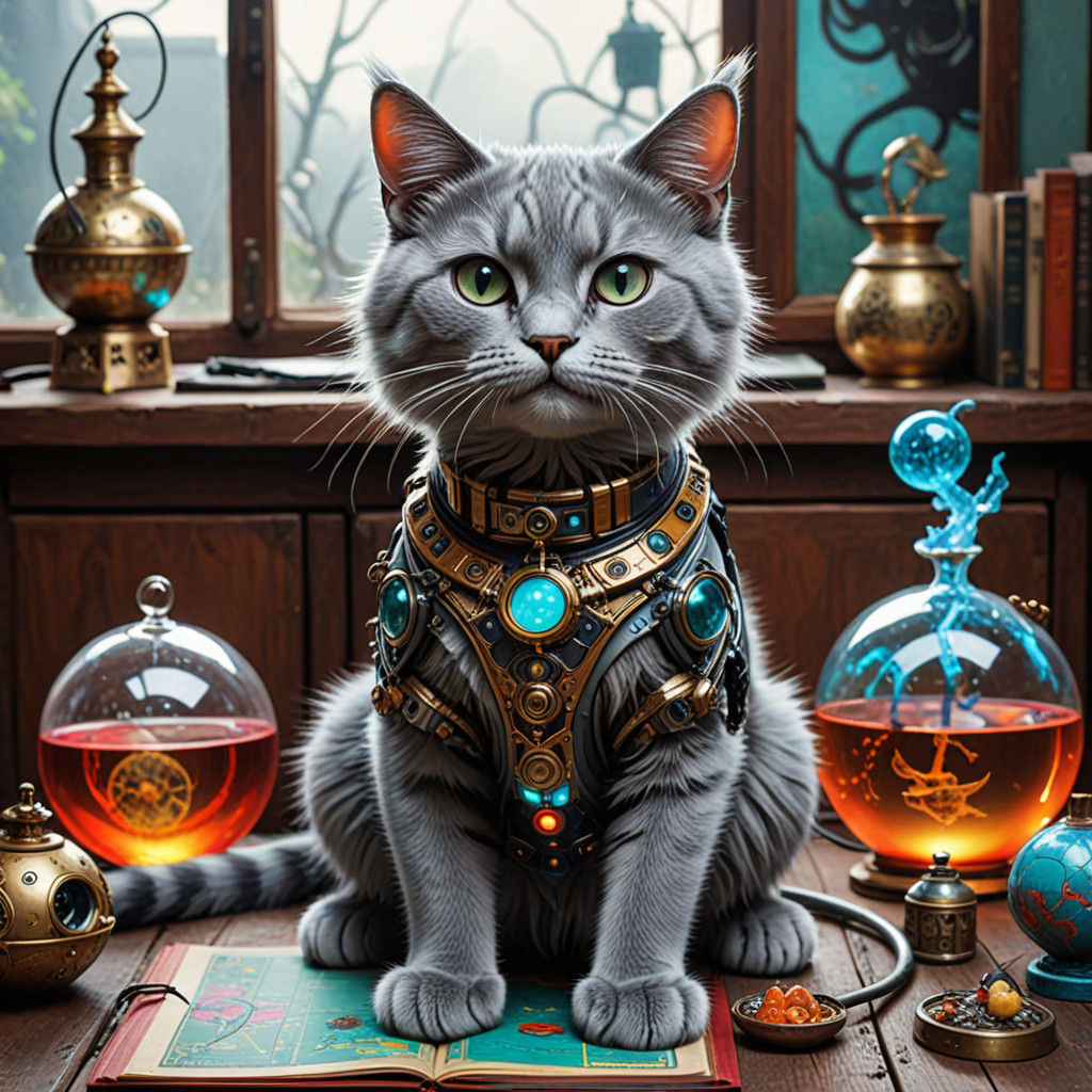 Mystical Oriental Cat Surrounded by Arcane Science Devices