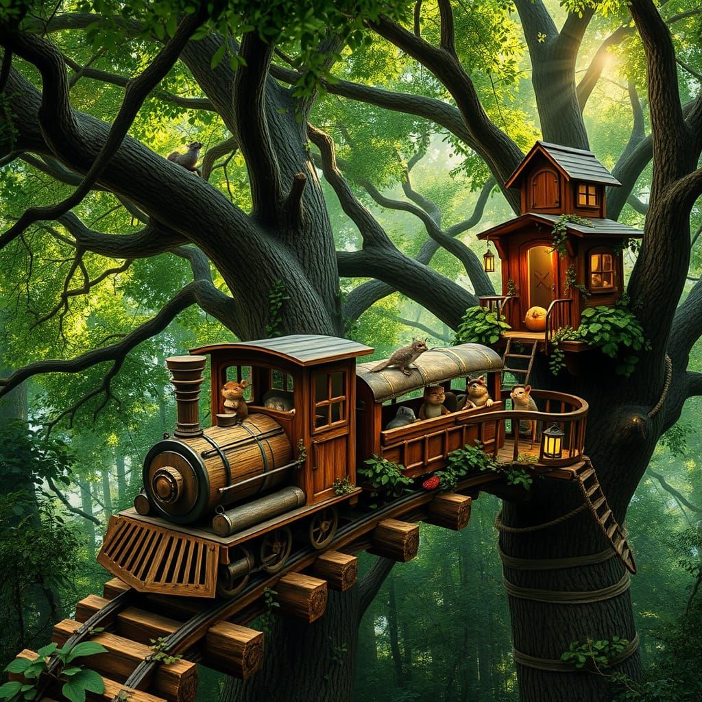 Whimsical Woodland Train Chugs Through Ancient Forest Canopy