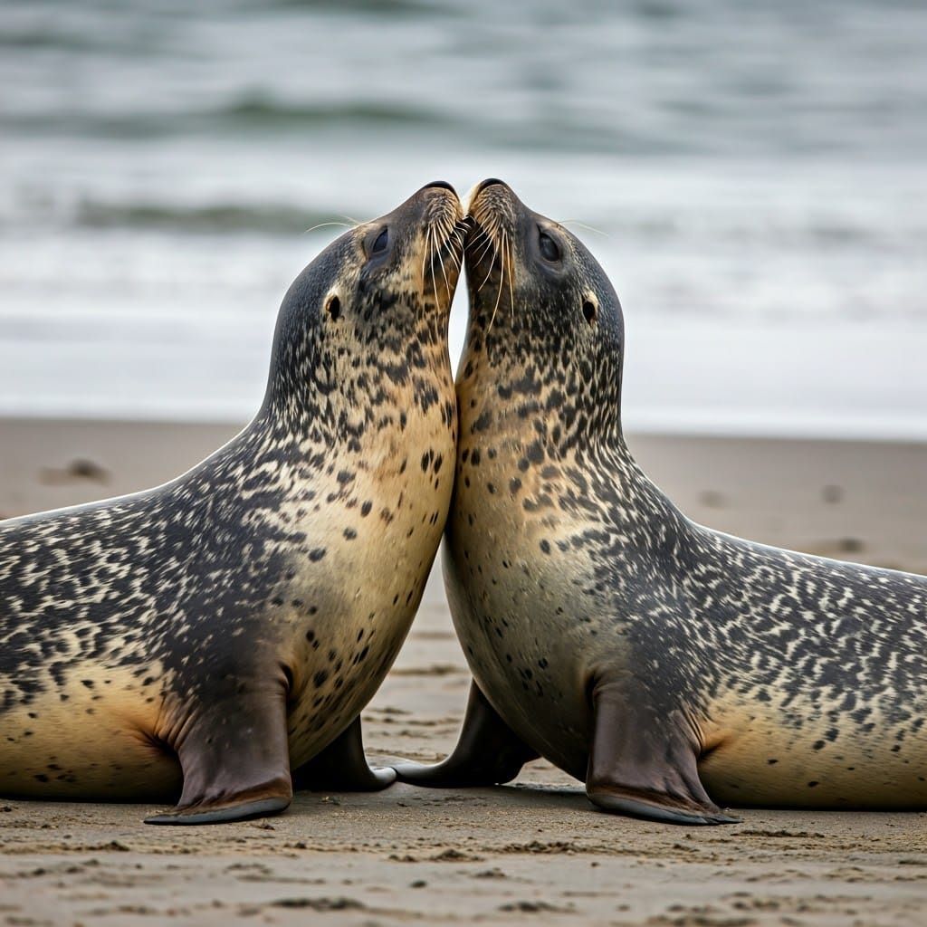 Romantic Seals Share Tender Kiss on Empty Beach