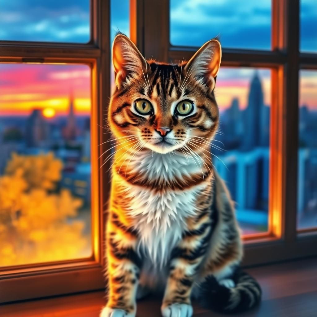 Watercolor Cat Gazing at Sunset Cityscape