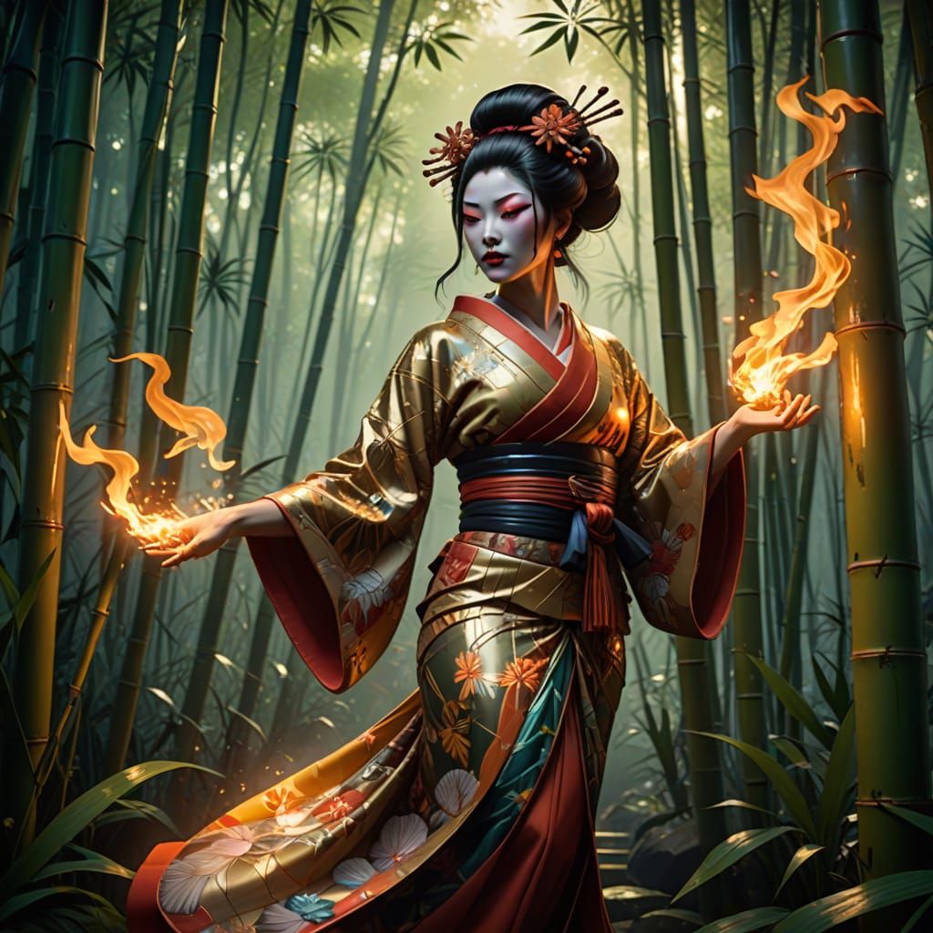 Flaming Geisha Dances in Bamboo Forest, Digital Art