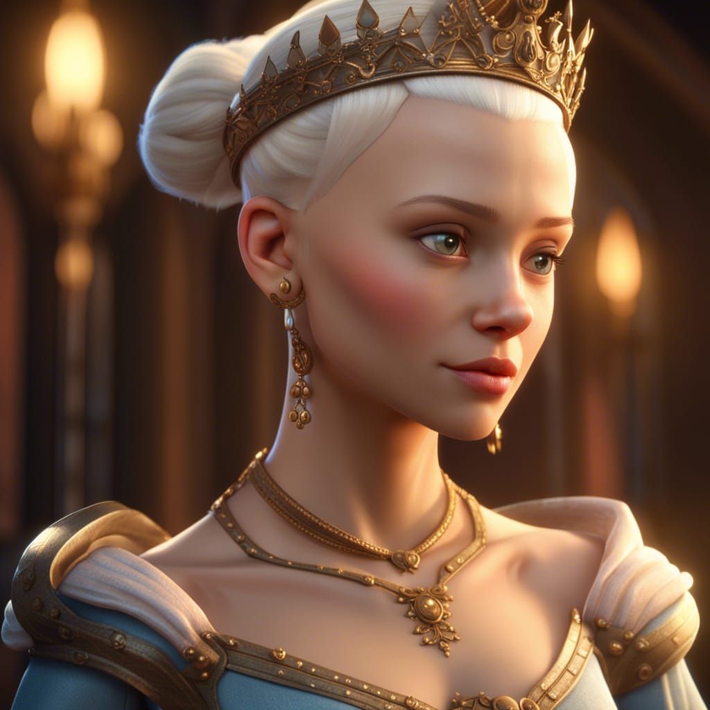 Bald Disney Princess in 3D Game Cinematic Style