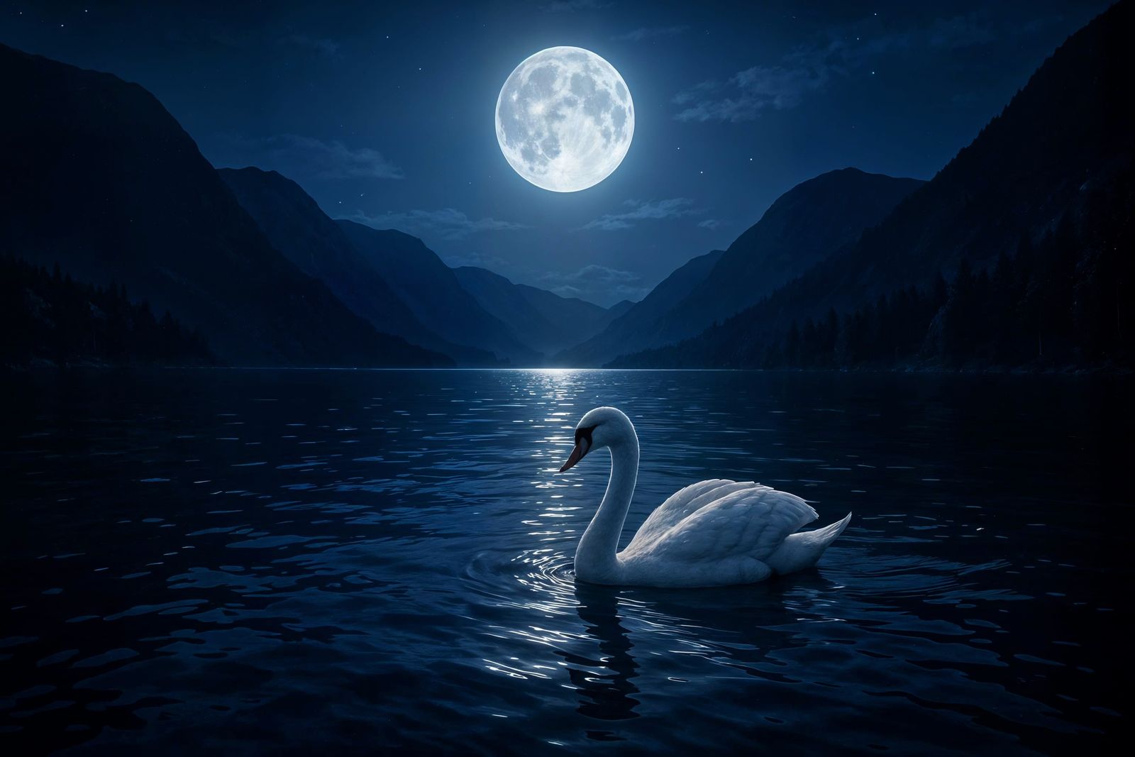 Moonlit Swan on Tranquil Mountain Lake