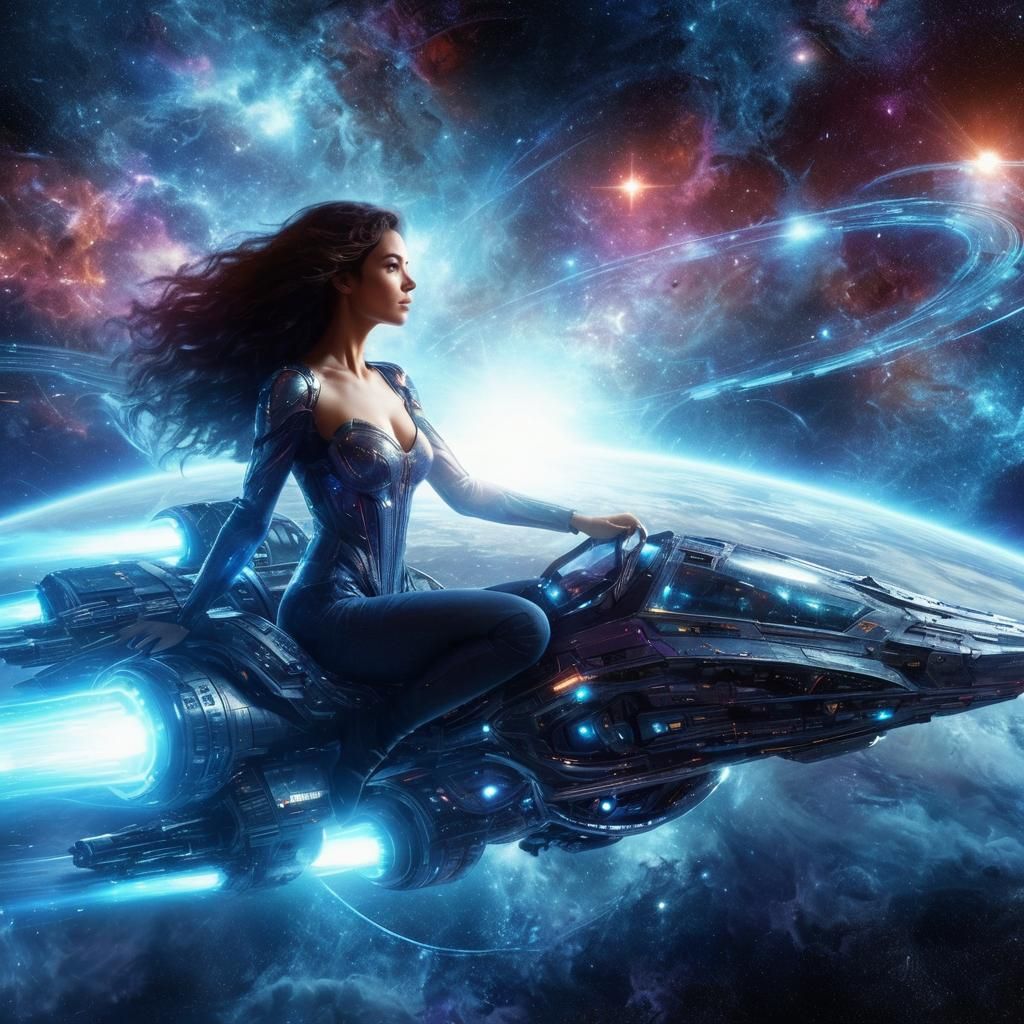 Woman Flies Spaceship in Outer Space: Digital Art