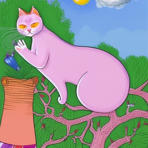 Cat Eats Salad in Tree: Surreal Illustration