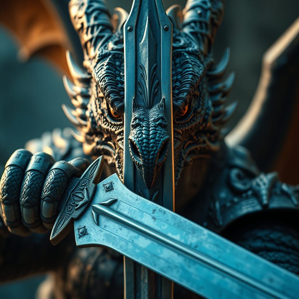 Fierce Dragon Warrior with Reflective Sword