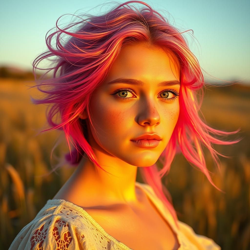 Sunset Dream: Woman with Pink Hair in Golden Light