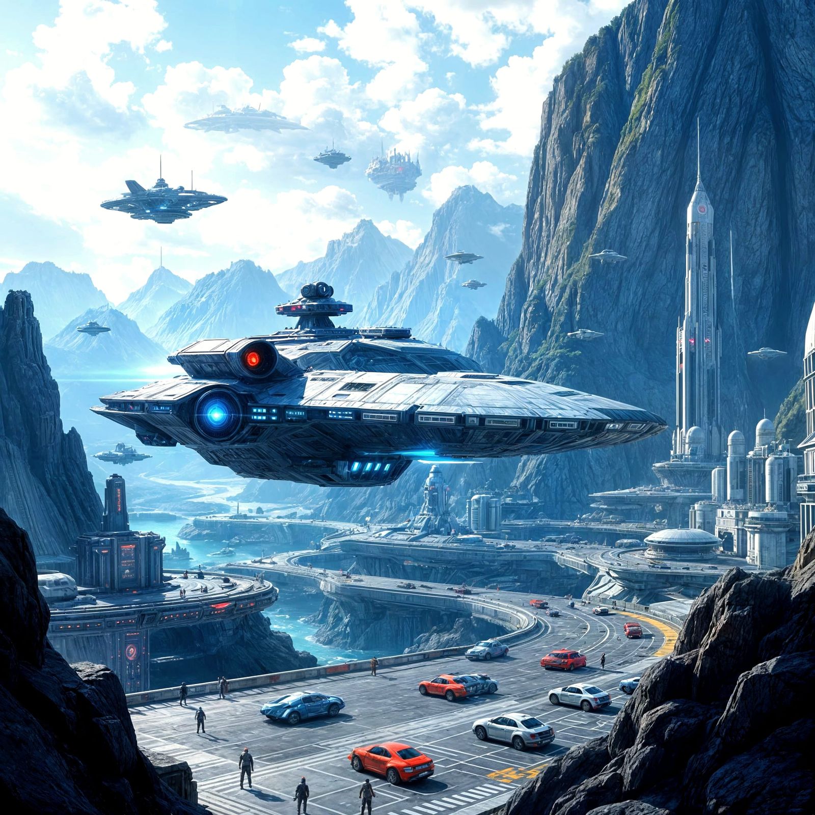 Majestic Spaceship Docks at Asteroid City: Digital Art