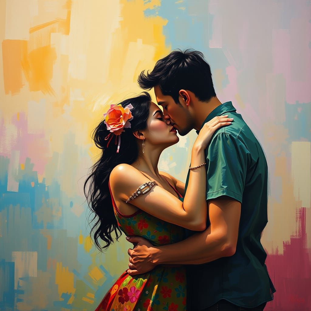 Abstract Expressionist Couple Kissing in Dreamy Landscape