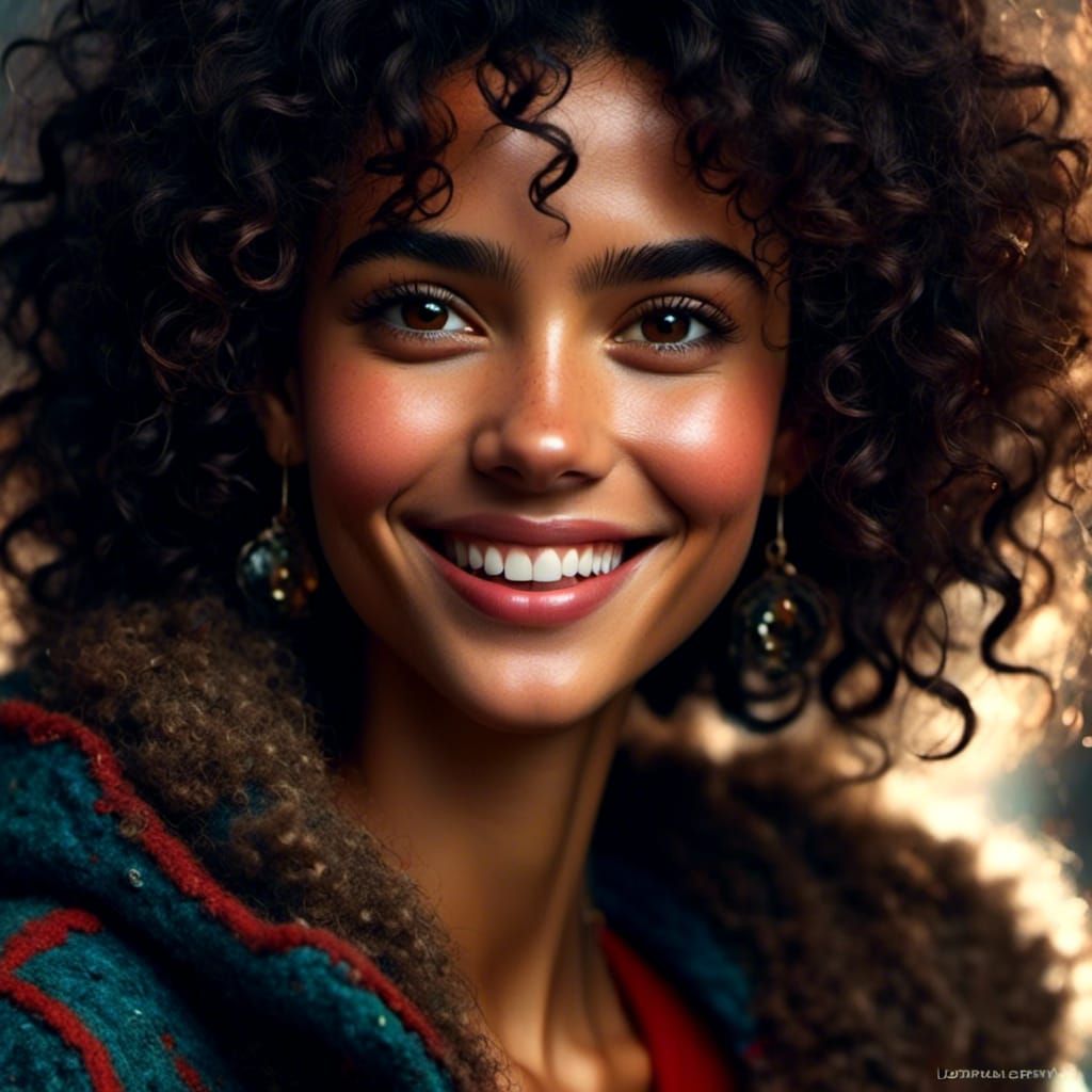 Closeup a beautiful breathtaking Spanish girl black curly hair. She is smiling in a stunning textured wool jacket, sof.....