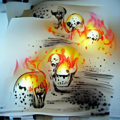 Exploding Flaming Skulls Ink Drawing