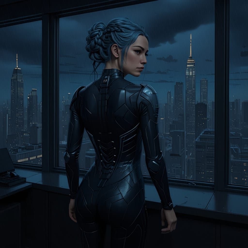 Woman With Sky-Blue Hair Overlooks Cityscape From Hotel Room
