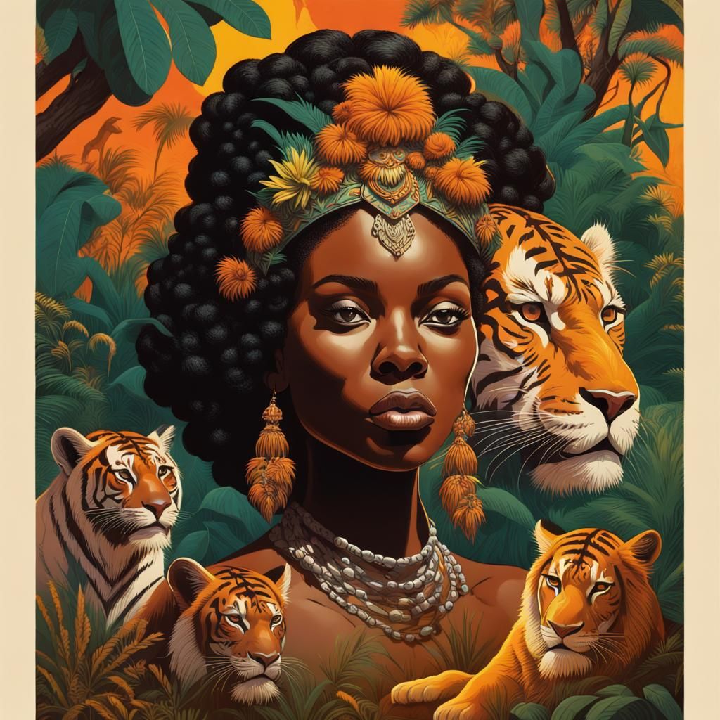 Black Queen in Wild Nature: Vintage Poster Art
