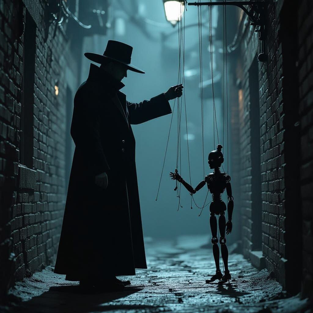 Mysterious Puppetmaster in Shadowy Alley: Film Noir Style