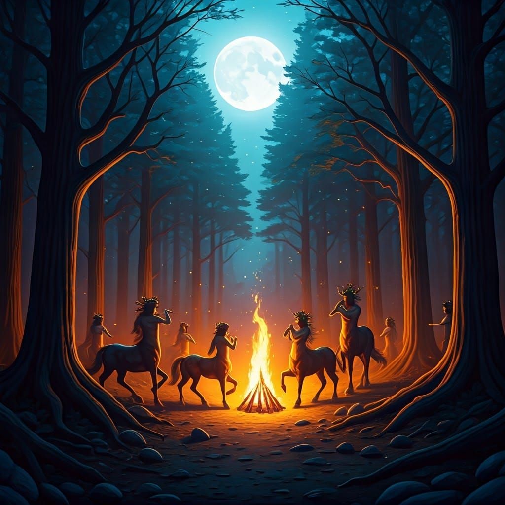 Mystical Forest Gathering Under Silver Pearl Full Moon