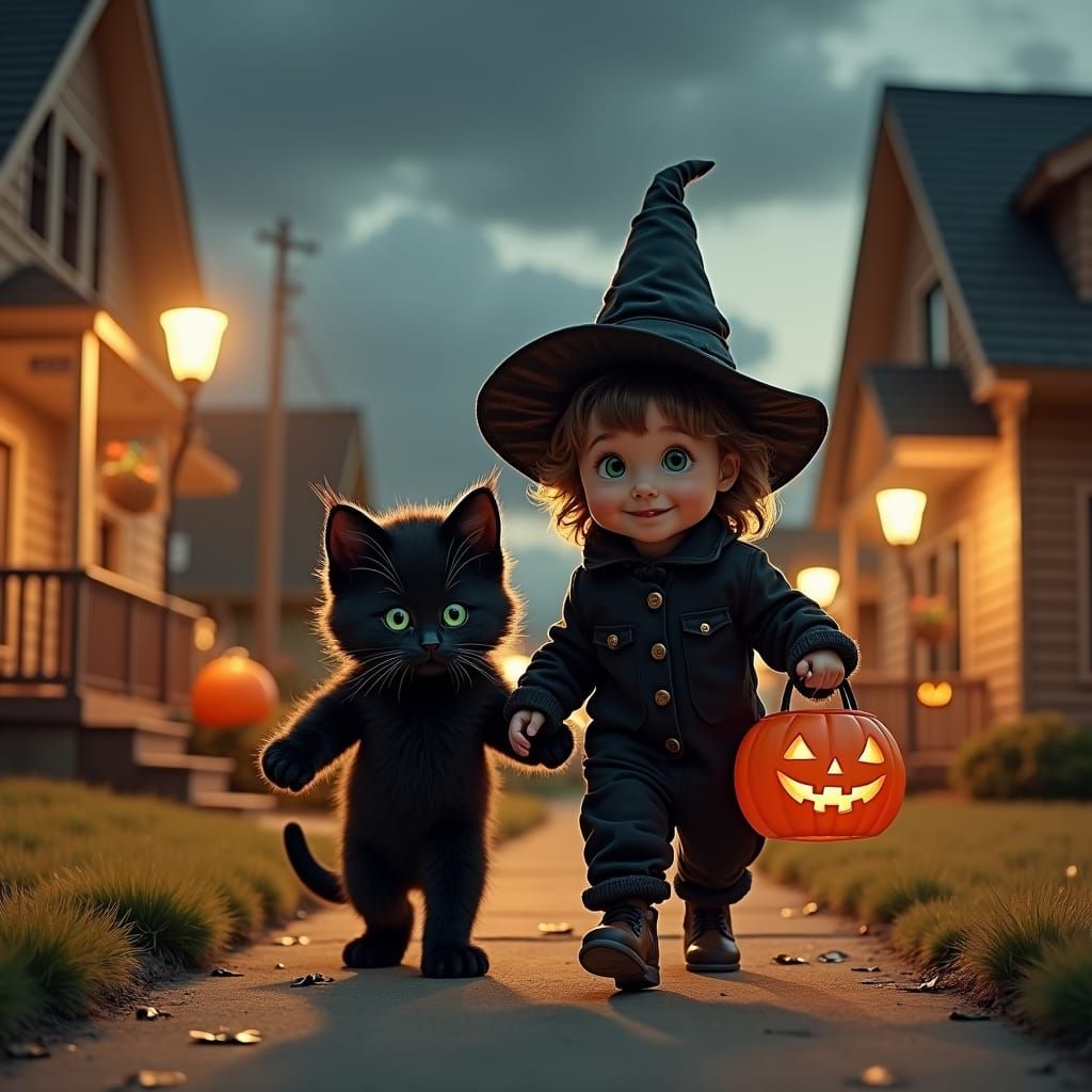 Halloween Kitten Follows Child, Norman Rockwell Style