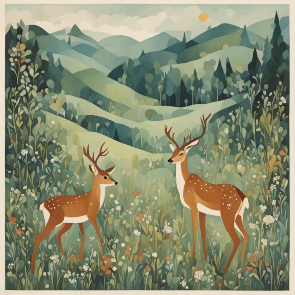 Deer in Meadow: Mid-Century Art Style