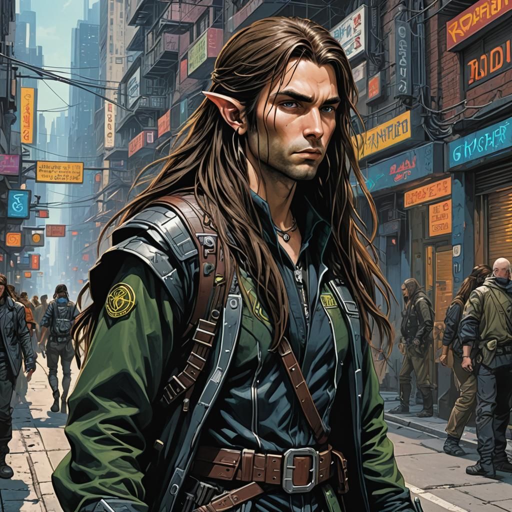 Elven Decker in Cyberpunk City Street Illustration