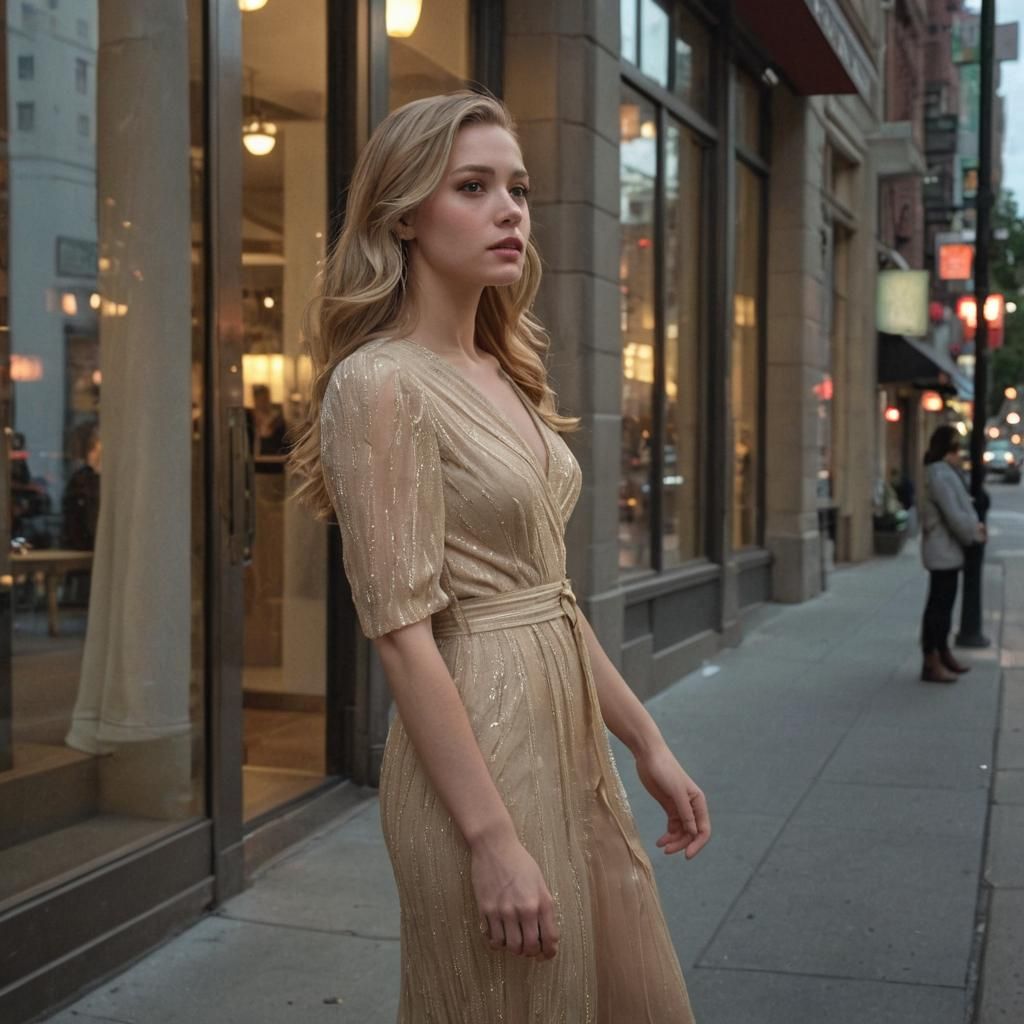 Elegant Eliza on Quiet Uptown Sidewalk at Dusk