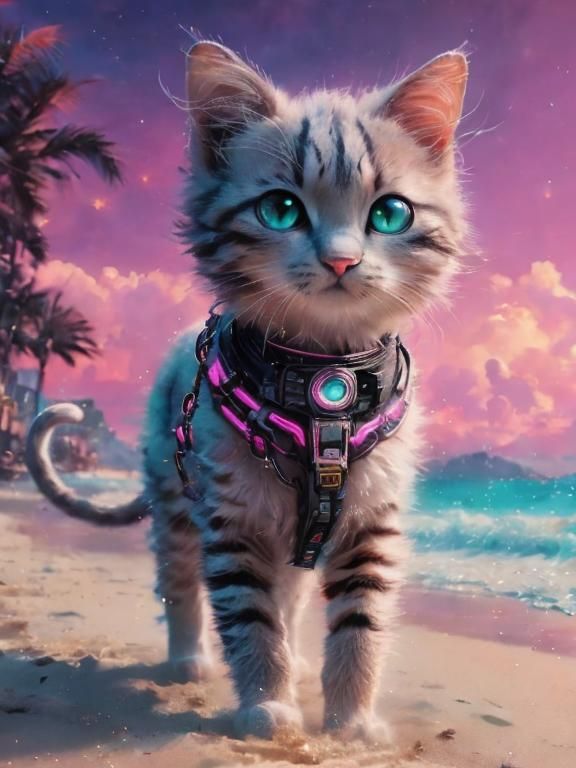 Vaporwave Cat on Cyberpunk Beach, Macro Shot
